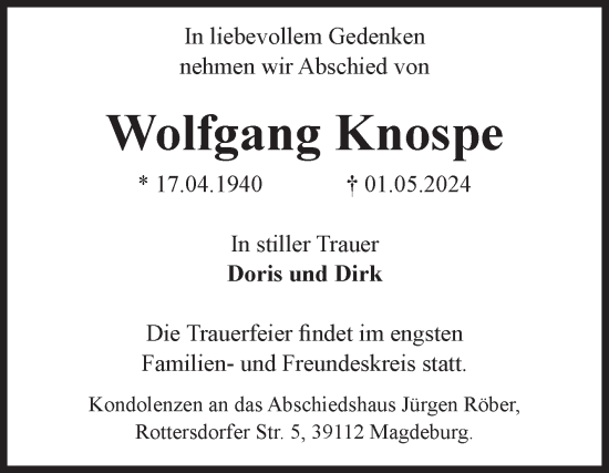 Traueranzeige von Wolfgang Knospe von Volksstimme Magdeburg