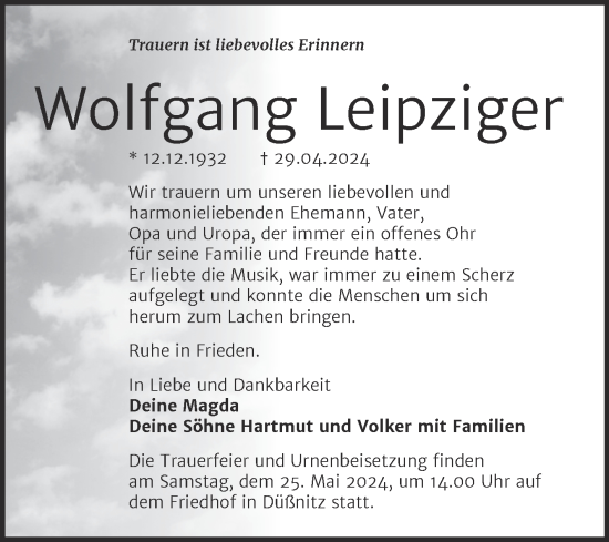 Traueranzeige von Wolfgang Leipziger von Trauerkombi Wittenberg