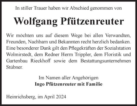 Traueranzeige von Wolfgang Pfützenreuter von Volksstimme Haldensleben/Wolmirstedt