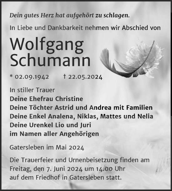 Traueranzeige von Wolfgang Schumann von Trauerkombi Aschersleben