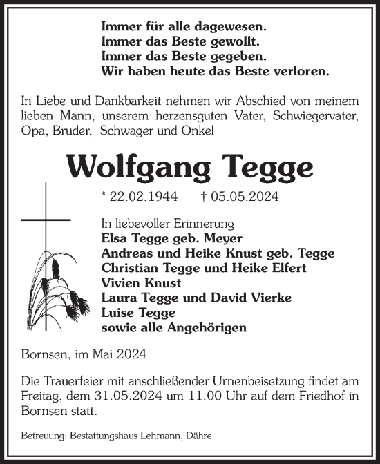 Traueranzeige von Wolfgang Tegge von Volksstimme Altmark West