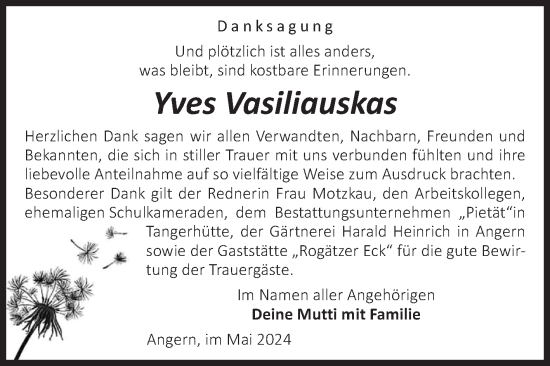 Traueranzeige von Yves Vasiliauskas von Volksstimme Haldensleben/Wolmirstedt