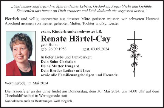Traueranzeige von Renate Härtel-Cay von Trauerkombi Wernigerode