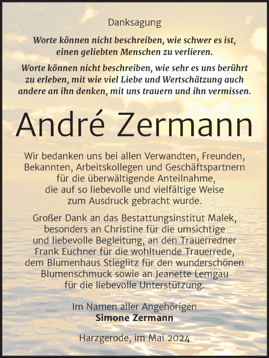 Traueranzeige von Andre Zermann von Trauerkombi Quedlinburg