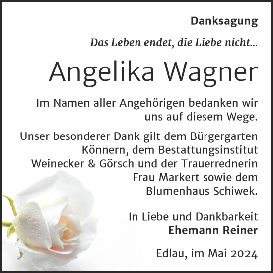 Traueranzeige von Angelika Wagner von Trauerkombi Bernburg