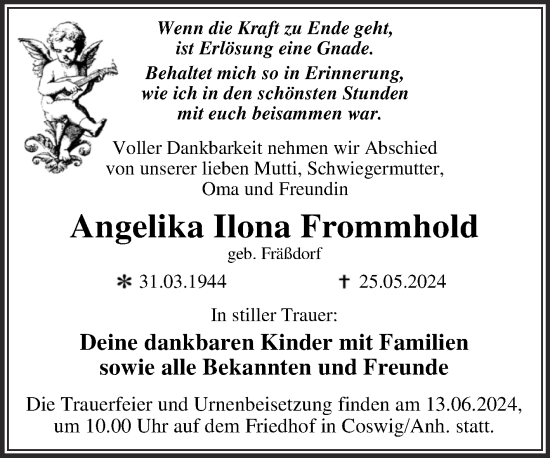 Traueranzeige von Angelika Ilona Frommhold von Trauerkombi Wittenberg
