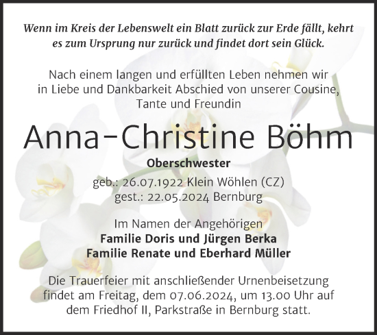 Traueranzeige von Anna-Christine Böhm von Trauerkombi Bernburg