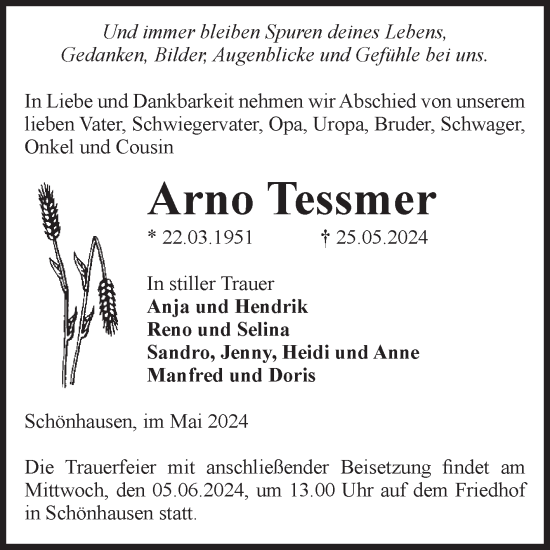 Traueranzeige von Arno Tessmer von Volksstimme Altmark Ost