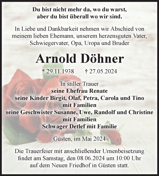 Traueranzeige von Arnold Döhner von Volksstimme Staßfurt