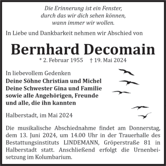 Traueranzeige von Bernhard Decomain von Volksstimme Halberstadt