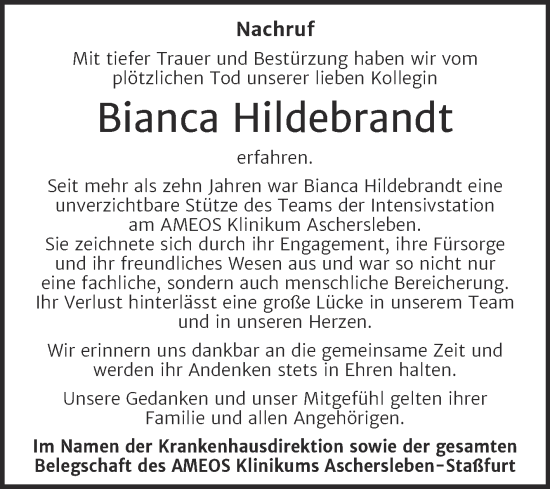 Traueranzeige von Bianca Hildebrandt von Mitteldeutsche Zeitung Aschersleben