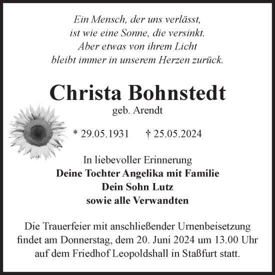 Traueranzeige von Christa Bohnstedt von Volksstimme Staßfurt