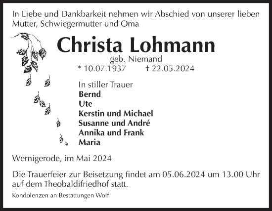 Traueranzeige von Christa Lohmann von Volksstimme Wernigerode