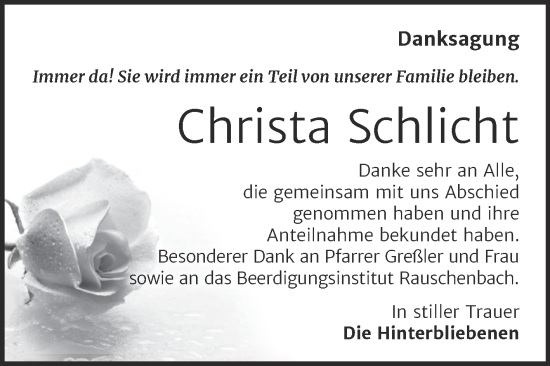 Traueranzeige von Christa Schlicht von Naumburger Tageblatt