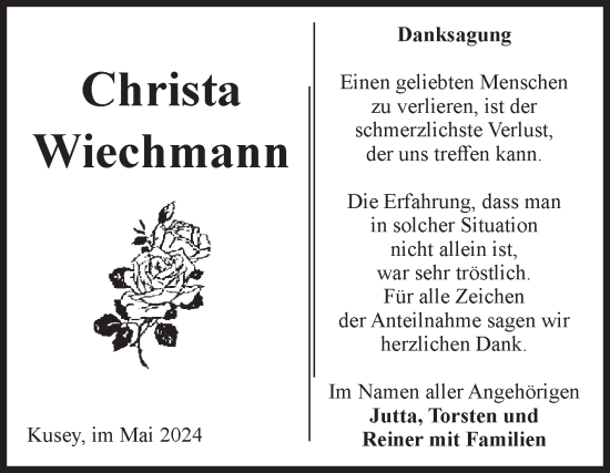 Traueranzeige von Christa Wiechmann von Volksstimme Altmark West