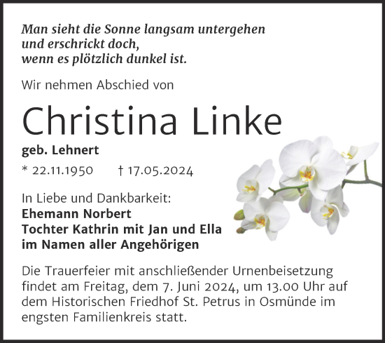 Traueranzeige von Christina Linke von Mitteldeutsche Zeitung Halle/Saalkreis