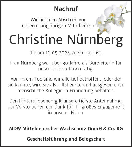 Traueranzeigen von Christine Nürnberg www.abschiednehmen.de