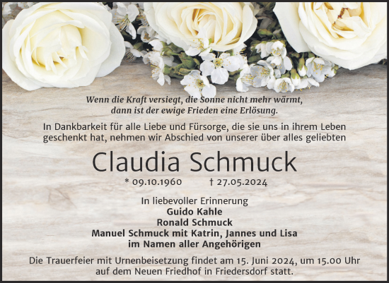 Traueranzeige von Claudia Schmuck von Trauerkombi Bitterfeld