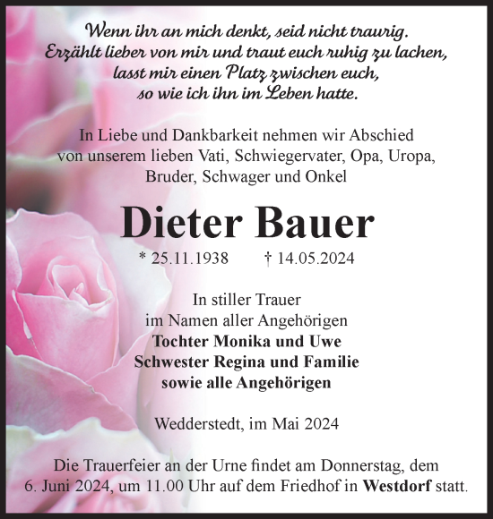 Traueranzeige von Dieter Bauer von Super Sonntag Quedlingburg