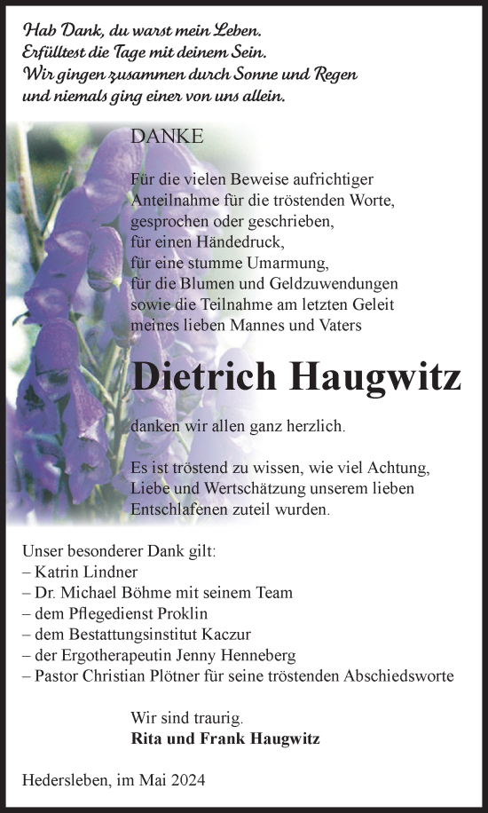 Traueranzeige von Dietrich Haugwitz von Super Sonntag Quedlingburg