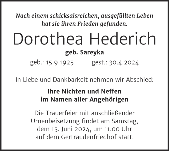 Traueranzeige von Dorothea Hederich von Mitteldeutsche Zeitung Halle/Saalkreis