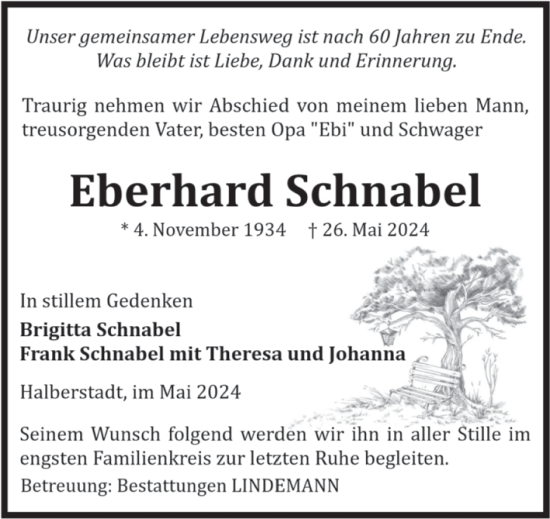 Traueranzeige von Eberhard Schnabel von Volksstimme Halberstadt