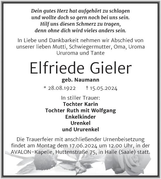 Traueranzeige von Elfriede Gieler von Mitteldeutsche Zeitung Halle/Saalkreis