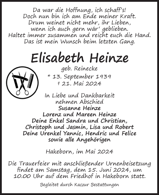 Traueranzeige von Elisabeth Heinze von Volksstimme Staßfurt