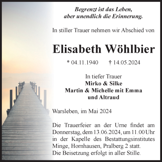 Traueranzeige von Elisabeth Wöhlbier von Volksstimme Oschersleben/Wanzleben