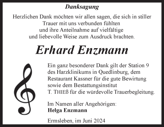 Traueranzeige von Erhard Enzmann von Trauerkombi Quedlinburg