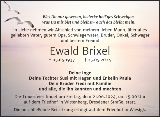 Traueranzeige von Ewald Brixel von Trauerkombi Wittenberg
