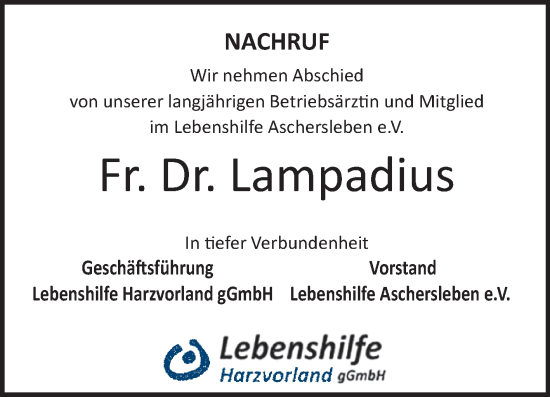 Traueranzeige von Fr. Lampadius von Super Sonntag Aschersleben