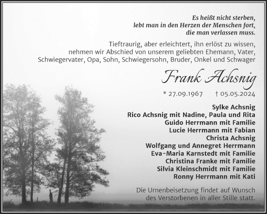 Traueranzeige von Frank Achsnig von Trauerkombi Sangerhausen