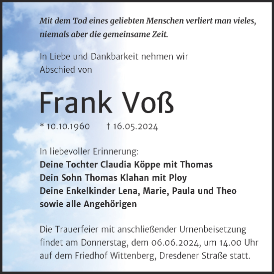 Traueranzeige von Frank Voß von Trauerkombi Wittenberg