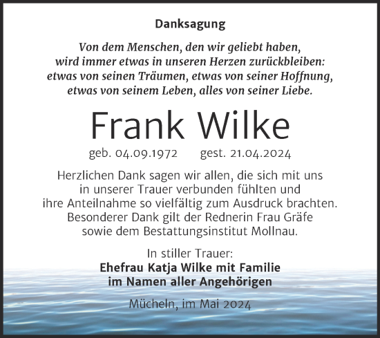 Traueranzeige von Frank Wilke von Trauerkombi Merseburg