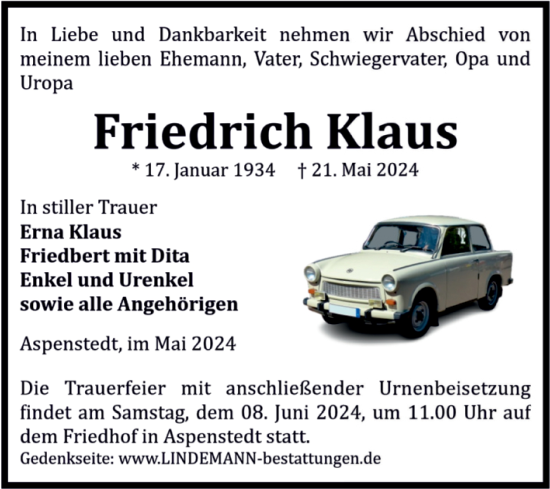Traueranzeige von Friedrich Klaus von Volksstimme Halberstadt