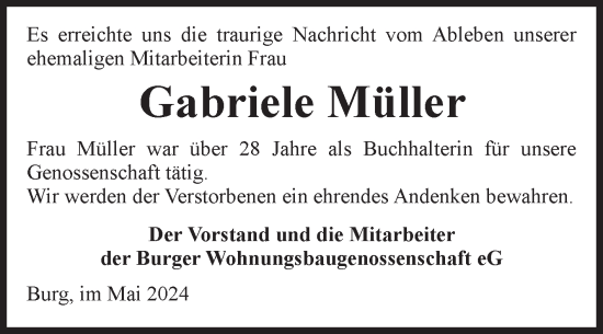 Traueranzeige von Gabriele Müller von Volksstimme Burg/Genthin