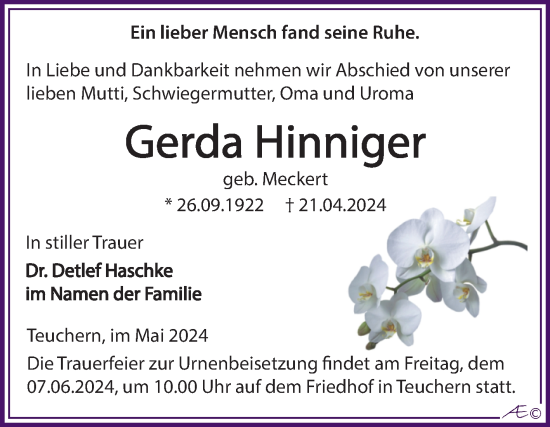 Traueranzeige von Gerda Hinniger von Trauerkombi Weißenfels