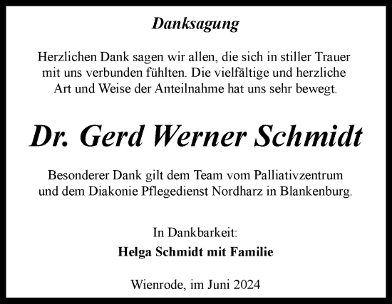 Traueranzeige von Gerd Werner Schmidt von Volksstimme Wernigerode