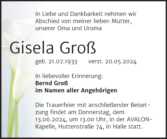Traueranzeige von Gisela Groß von Mitteldeutsche Zeitung Halle/Saalkreis