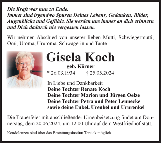 Traueranzeige von Gisela Koch von Volksstimme Magdeburg