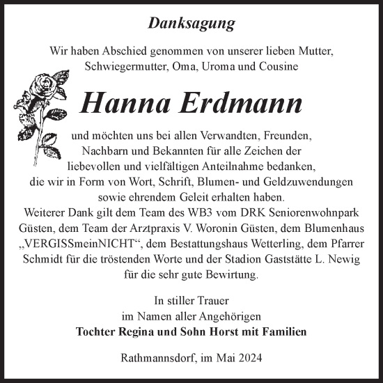 Traueranzeige von Hanna Erdmann von Volksstimme Staßfurt
