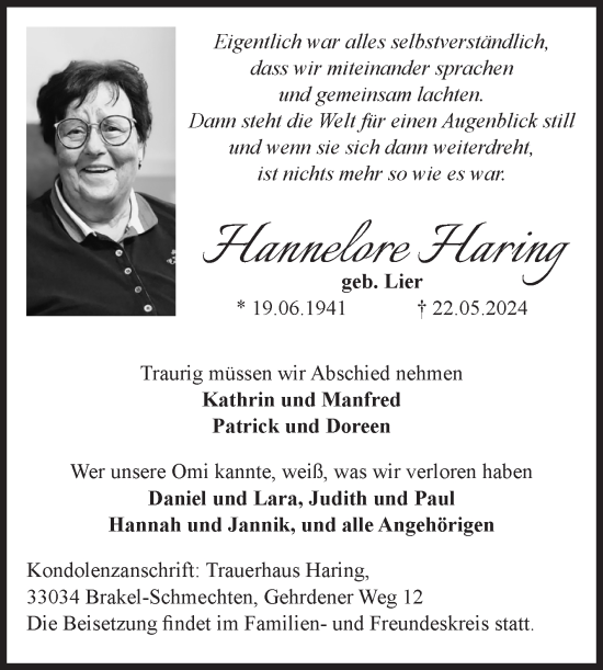 Traueranzeige von Hannelore Haring von Volksstimme Altmark Ost