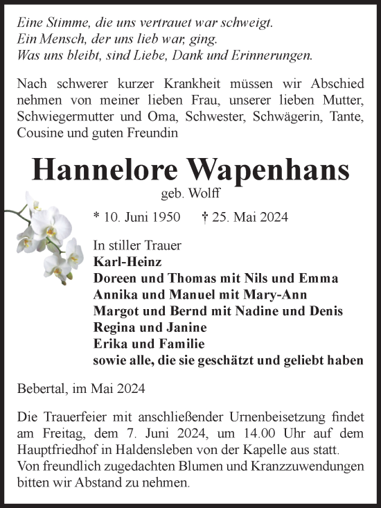 Traueranzeige von Hannelore Wapenhans von Volksstimme Haldensleben/Wolmirstedt