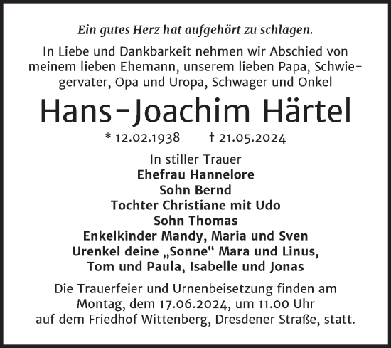 Traueranzeige von Hans-Joachim Härtel von Trauerkombi Wittenberg