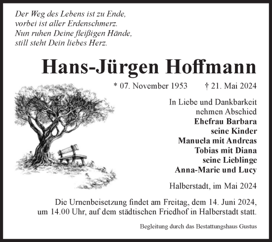 Traueranzeige von Hans-Jürgen Hoffmann von Volksstimme Halberstadt
