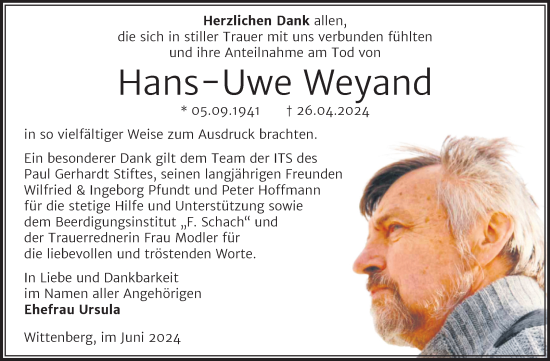 Traueranzeige von Hans-Uwe Weyand von Trauerkombi Wittenberg