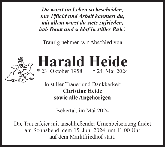 Traueranzeige von Harald Heide von Volksstimme Haldensleben/Wolmirstedt
