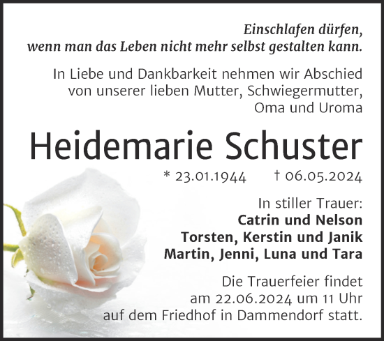 Traueranzeige von Heidemarie Schuster von Mitteldeutsche Zeitung Halle/Saalkreis