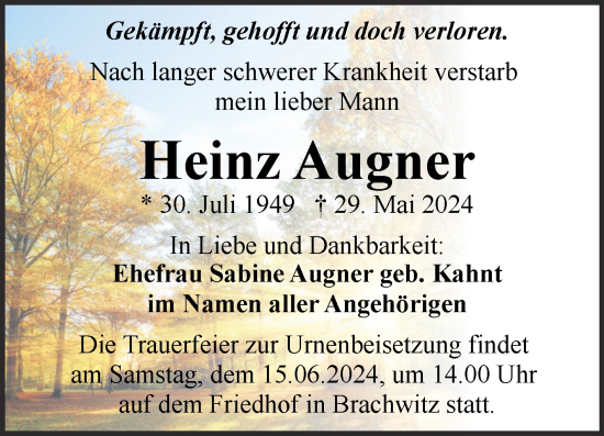 Traueranzeige von Heinz Augner von Mitteldeutsche Zeitung Halle/Saalkreis